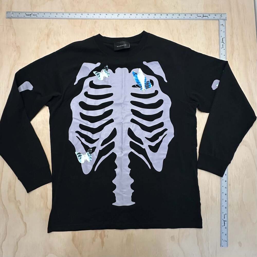 Black Scale Skeleton Ribcage and Butterflies Long Sleeve Shirt Black